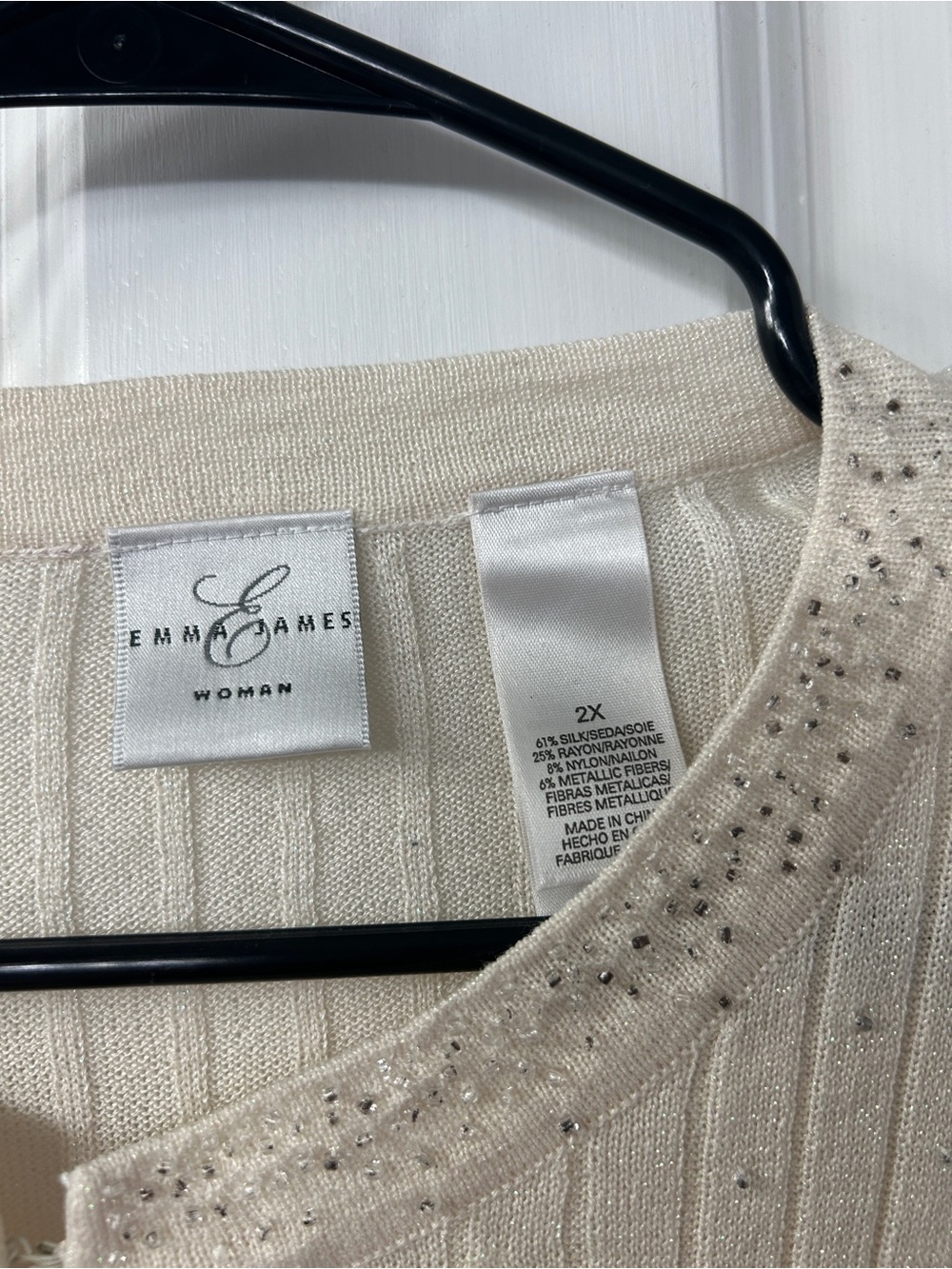 Emma James Cream Ribbed Crewneck Sweater with Sparkle Trim